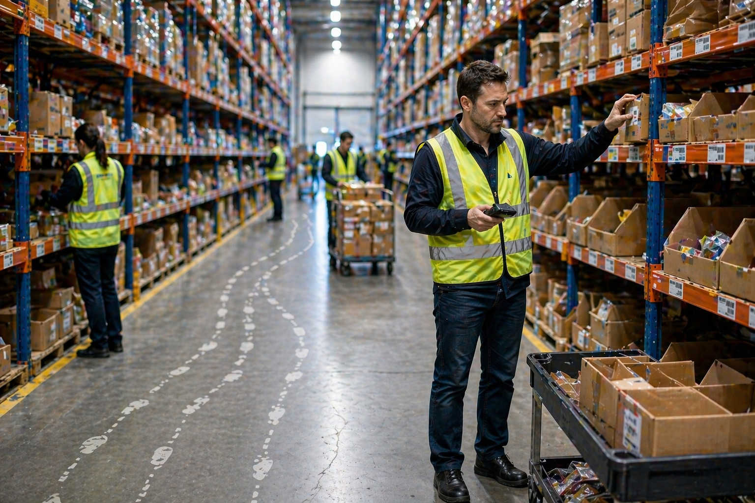 Warehouse picker walking long distance due to static slotting and inefficient pick path.
